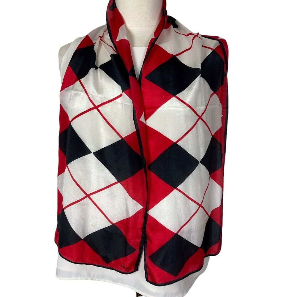Vtg Mid Century 100% Silk Argyle Scarf. Red/Black/White